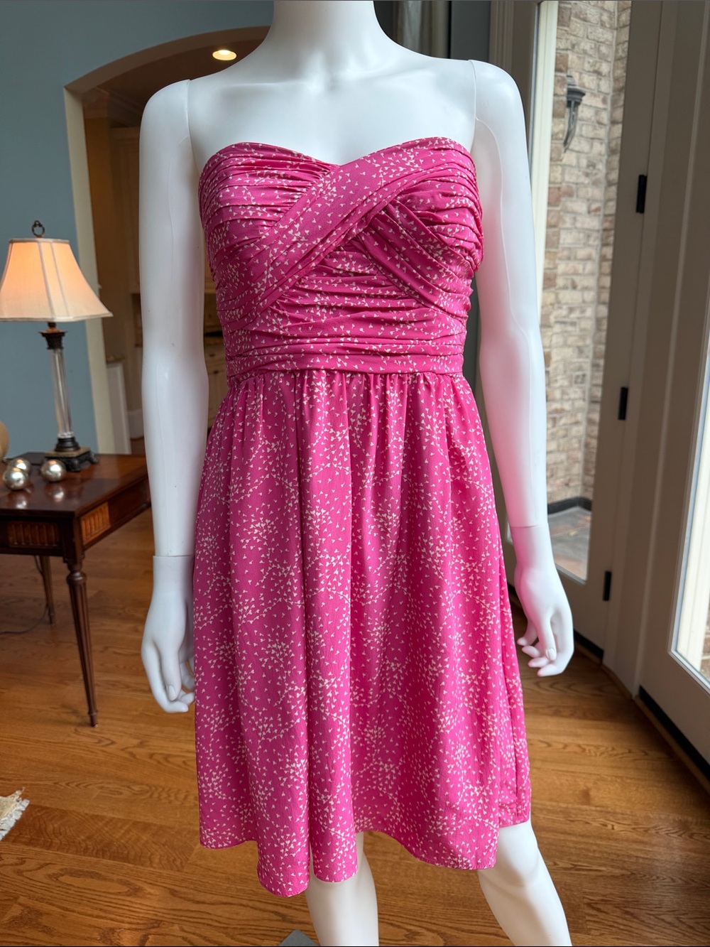 Shoshanna Strapless Pink Printed Sundress with Ruched Bodice